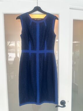 BCBGMaxAzria Navy Midi Sheath Dress with Royal Blue Trim